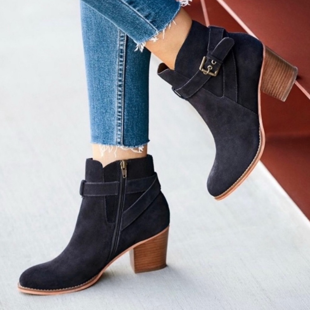 Sole Society Paislee Navy Ombré Blue Suede Ankle Boot Wood Heel Size 9